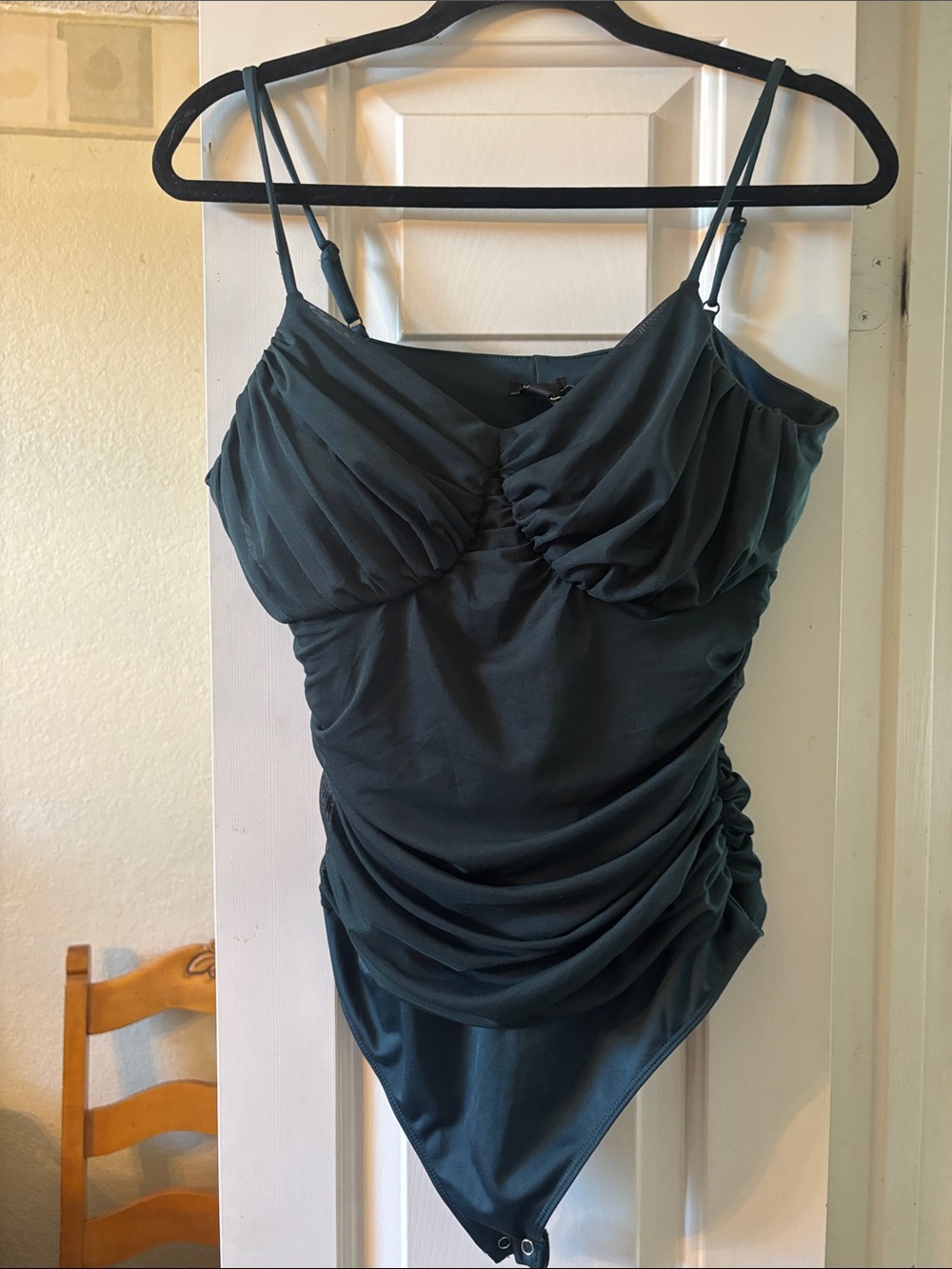 Express Dark Green Ruched Spaghetti Strap Bodysuit